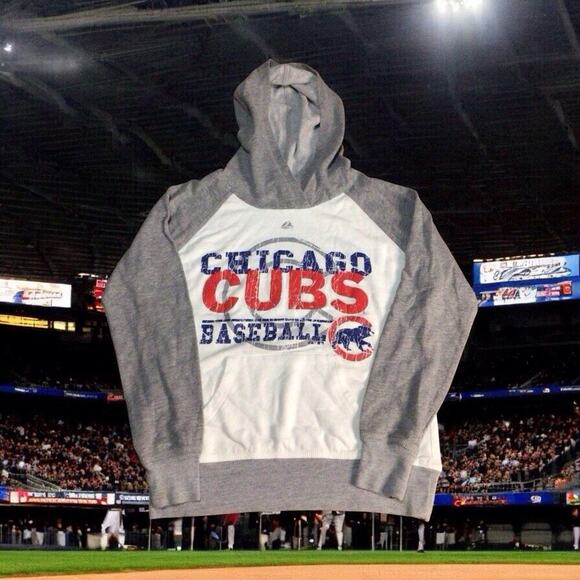 Majestic Chicago Cubs Gray White Baseball Pullover Hoodie Sweatshirt Small - Picture 1 of 9